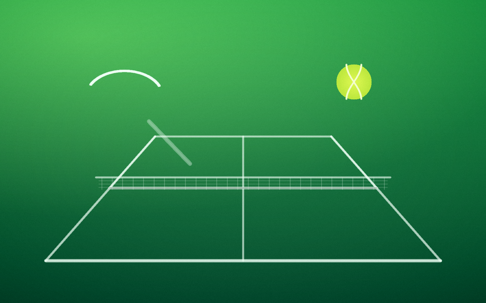 A green tennis court with white lines and a tennis ball in motion.